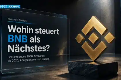 Goldene BNB-Skulptur auf einem Schiefersockel als Symbolbild zur BNB Prognose 2030
