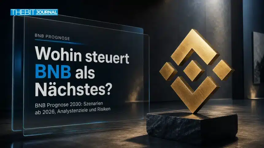 BNB Prognose 2030: Szenarien ab 2026, Analystenziele und Risiken 7 Goldene BNB-Skulptur auf einem Schiefersockel als Symbolbild zur BNB Prognose 2030
