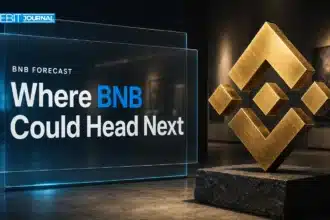 Gold BNB sculpture on a slate plinth illustrating BNB price prediction 2026-2030