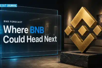 Gold BNB sculpture on a slate plinth illustrating BNB price prediction 2026-2030