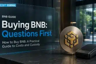 how to buy BNB concept with a metal BNB emblem beside a payment terminal