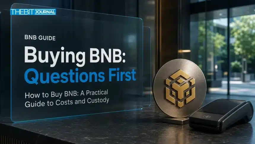 how to buy BNB concept with a metal BNB emblem beside a payment terminal