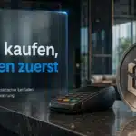 BNB kaufen als Symbolmotiv: BNB-Metallemblem neben einem ausgeschalteten Zahlungsterminal