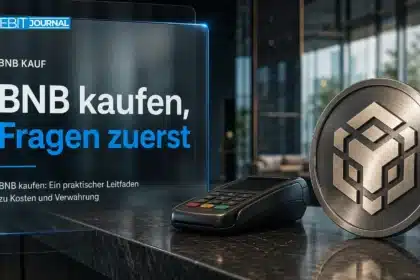 BNB kaufen als Symbolmotiv: BNB-Metallemblem neben einem ausgeschalteten Zahlungsterminal