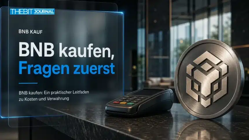 BNB kaufen als Symbolmotiv: BNB-Metallemblem neben einem ausgeschalteten Zahlungsterminal
