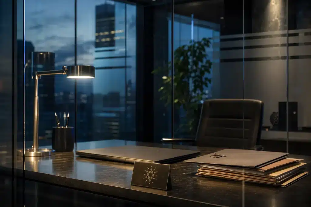 What is Cardano? A Guide to ADA Market Data, Supply and Risks 9 Empty analysis office with an ADA desk plaque and research folders at dusk