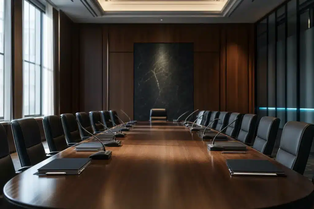 Fed Rate Decision: Bitcoin Faces Fresh Pressure After Hawkish Hold 8 Empty formal boardroom with microphones and folders on a long table, evoking a central bank policy meeting