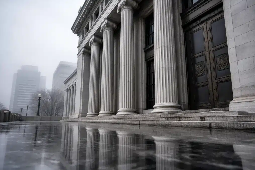 Bitcoin ETF Inflows of $137M Push October Back Into the Green 9 Neoclassical central bank building in morning fog, symbolising Federal Reserve policy pressure