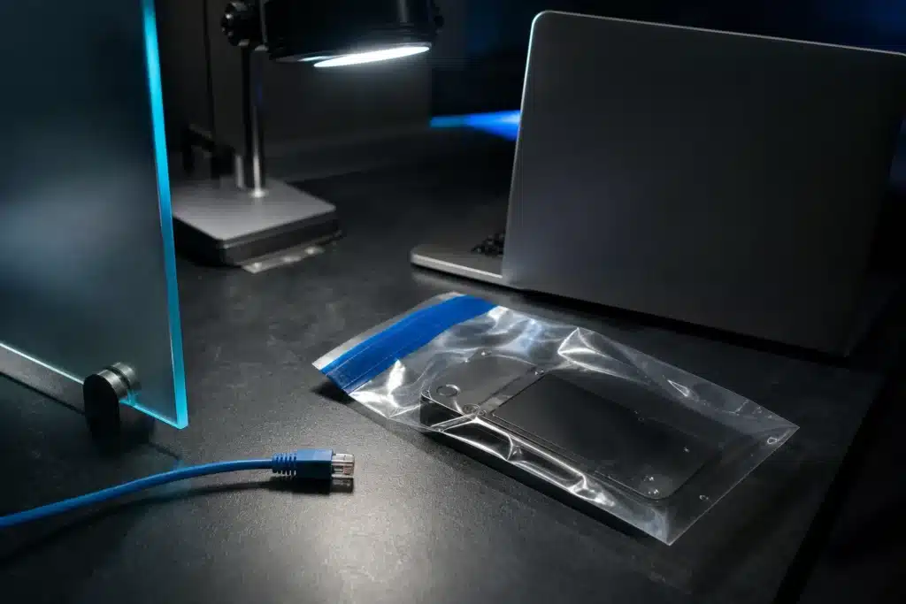 Symbolischer Forensik-Arbeitsplatz mit versiegeltem Datenträger, Laptop und getrenntem Netzwerkkabel
