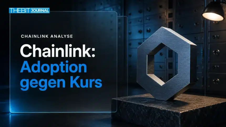 Lohnt sich Chainlink 2026: Metallskulptur des Chainlink-Logos in einem Banktresor