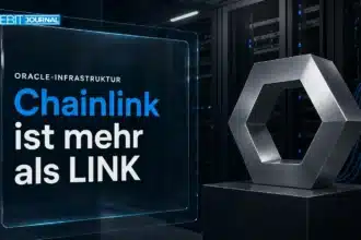 Chainlink Erklärung mit sechseckiger Metallskulptur vor verkabelten Serverschränken
