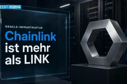 Chainlink Erklärung mit sechseckiger Metallskulptur vor verkabelten Serverschränken