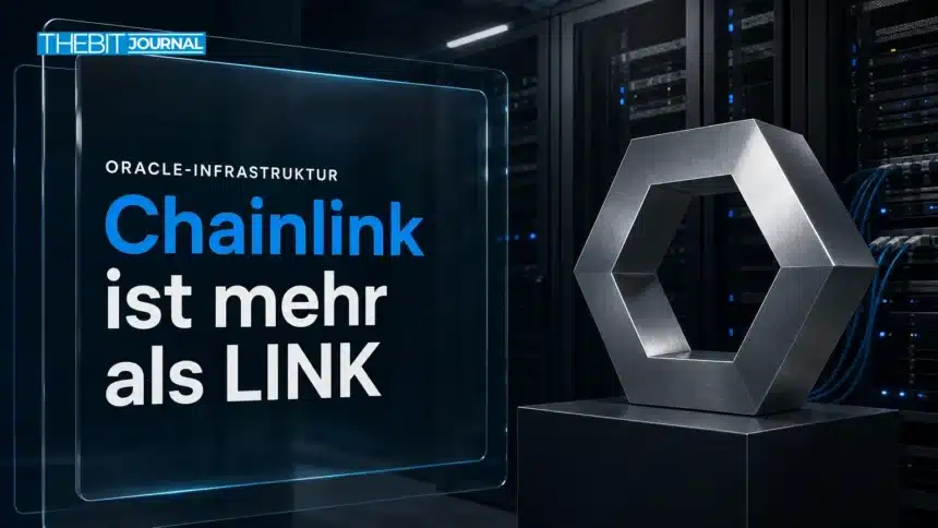 Chainlink Erklärung: Was hinter LINK, Preisfeeds und CCIP steckt 7 Chainlink Erklärung mit sechseckiger Metallskulptur vor verkabelten Serverschränken