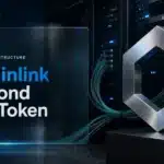 Conceptual illustration of Chainlink infrastructure using a metal hexagon beside connected server cabinets