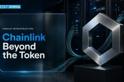 Conceptual illustration of Chainlink infrastructure using a metal hexagon beside connected server cabinets
