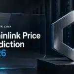 Chainlink price prediction 2026 cover with a brushed-metal Chainlink sculpture in a server room