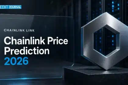 Chainlink price prediction 2026 cover with a brushed-metal Chainlink sculpture in a server room