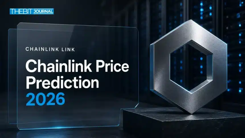 Chainlink price prediction 2026 cover with a brushed-metal Chainlink sculpture in a server room