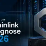 Chainlink Prognose 2026: Skulptur des Chainlink-Symbols aus gebürstetem Metall in einem Serverraum