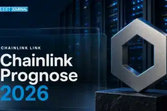 Chainlink Prognose 2026: Skulptur des Chainlink-Symbols aus gebürstetem Metall in einem Serverraum