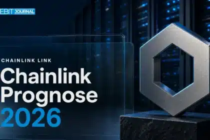Chainlink Prognose 2026: Skulptur des Chainlink-Symbols aus gebürstetem Metall in einem Serverraum