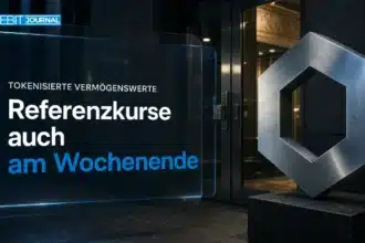Chainlink Preisfeeds: Sechseckige Metallskulptur vor dem geschlossenen Eingang einer Börse bei Nacht