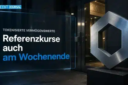 Chainlink Preisfeeds: Sechseckige Metallskulptur vor dem geschlossenen Eingang einer Börse bei Nacht