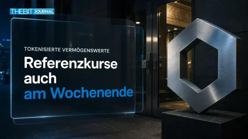 Chainlink Preisfeeds: Sechseckige Metallskulptur vor dem geschlossenen Eingang einer Börse bei Nacht