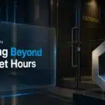 Chainlink price feeds concept with a metal hexagonal sculpture outside a closed financial exchange at night