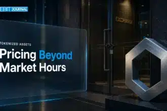 Chainlink price feeds concept with a metal hexagonal sculpture outside a closed financial exchange at night