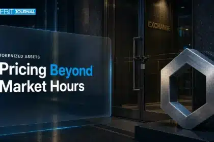 Chainlink price feeds concept with a metal hexagonal sculpture outside a closed financial exchange at night