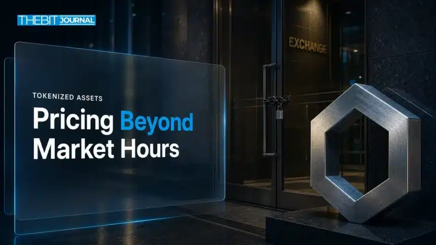Chainlink price feeds concept with a metal hexagonal sculpture outside a closed financial exchange at night
