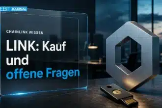 Chainlink kaufen: Metallskulptur und Sicherheitsschlüssel auf einem Recherche-Schreibtisch
