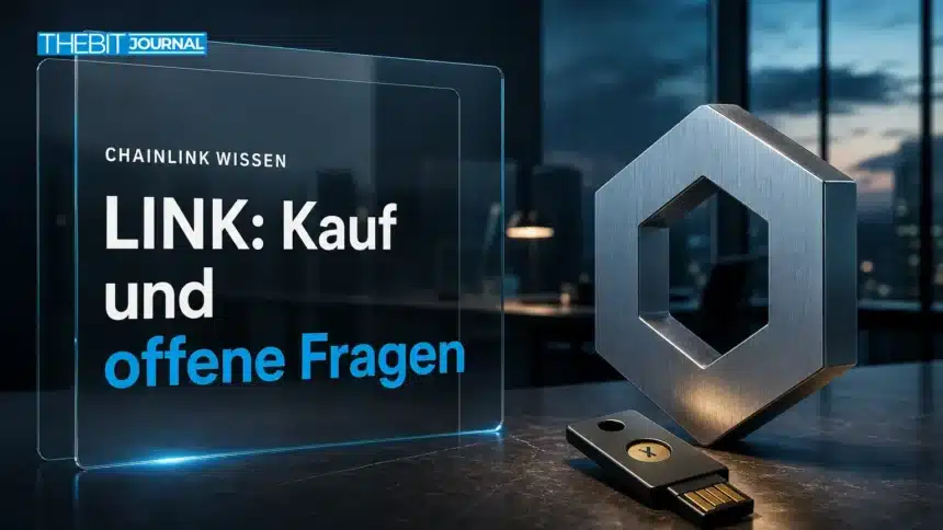 Chainlink kaufen: Was zu LINK, Kosten und Risiken belegt ist 7 Chainlink kaufen: Metallskulptur und Sicherheitsschlüssel auf einem Recherche-Schreibtisch