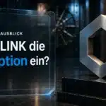 Chainlink-Skulptur aus gebürstetem Metall in einem Banktresor als Symbol für die Chainlink Prognose 2030