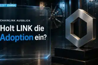 Chainlink-Skulptur aus gebürstetem Metall in einem Banktresor als Symbol für die Chainlink Prognose 2030