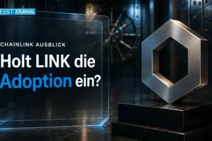 Chainlink-Skulptur aus gebürstetem Metall in einem Banktresor als Symbol für die Chainlink Prognose 2030