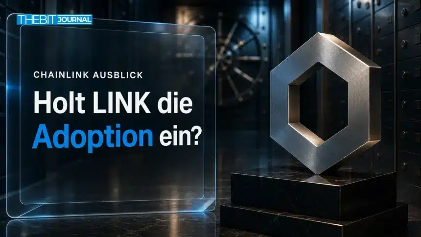 Chainlink Prognose 2030: LINK-Szenarien ab 2026, Kursziele und Risiken 7 Chainlink-Skulptur aus gebürstetem Metall in einem Banktresor als Symbol für die Chainlink Prognose 2030