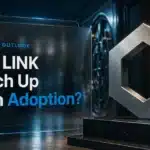 Brushed-metal Chainlink sculpture in a bank vault illustrating Chainlink price prediction 2026-2030