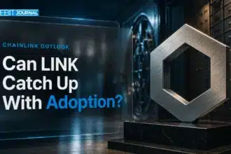 Brushed-metal Chainlink sculpture in a bank vault illustrating Chainlink price prediction 2026-2030