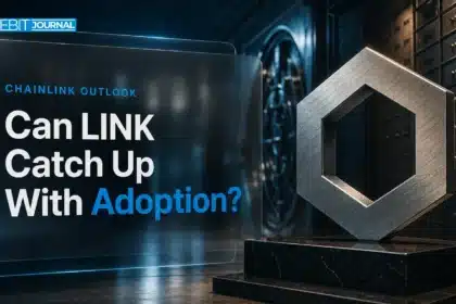 Brushed-metal Chainlink sculpture in a bank vault illustrating Chainlink price prediction 2026-2030