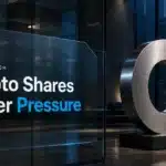 Metal Coinbase symbol in a dark office lobby illustrating reported crypto share declines