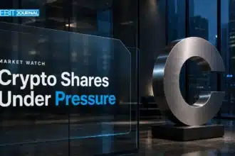 Metal Coinbase symbol in a dark office lobby illustrating reported crypto share declines