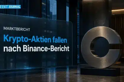 Krypto-Aktien fallen: Coinbase-Symbol aus Metall in einer dunklen Bürolobby als redaktionelle Illustration