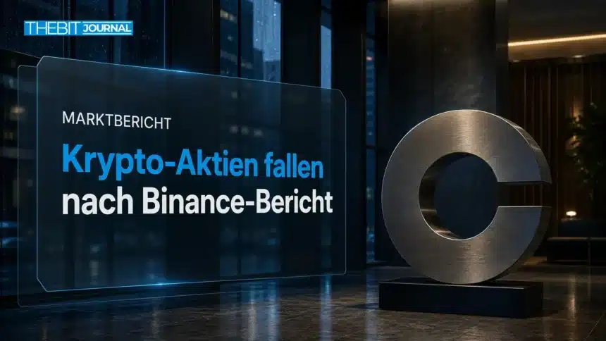 Krypto-Aktien fallen: Coinbase-Symbol aus Metall in einer dunklen Bürolobby als redaktionelle Illustration