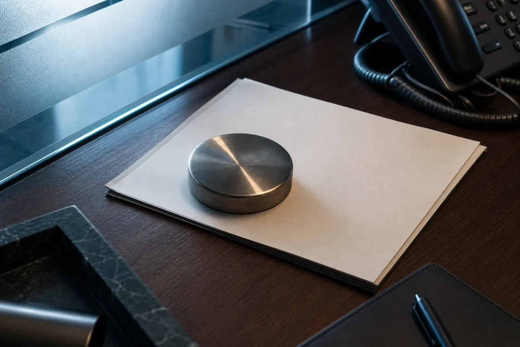 Steel paperweight and telephone on a financial operations desk
