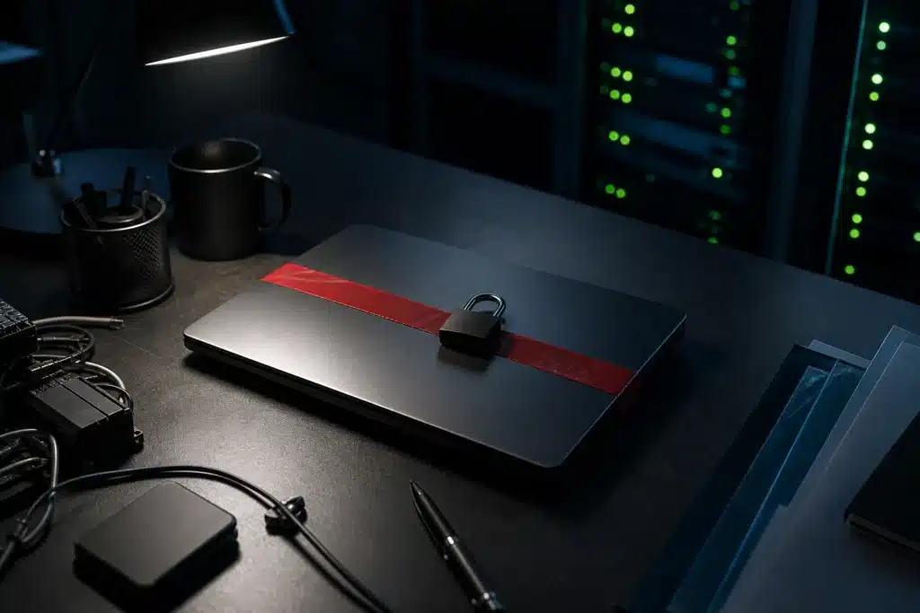 Binance Hack Estimated at $6.3 Billion as Bitcoin Briefly Slides to $76,300 8 Closed laptop with evidence tape on a desk, illustrating the compromised DevOps device behind the breach