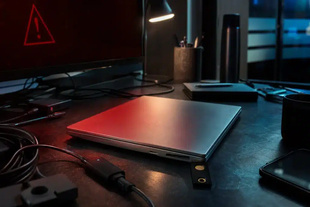 Binance Hack: Are Funds SAFU After the Record $6.3B Crypto Heist? 8 Engineer's laptop on a desk at night, reflecting how a compromised device was linked to the exchange breach