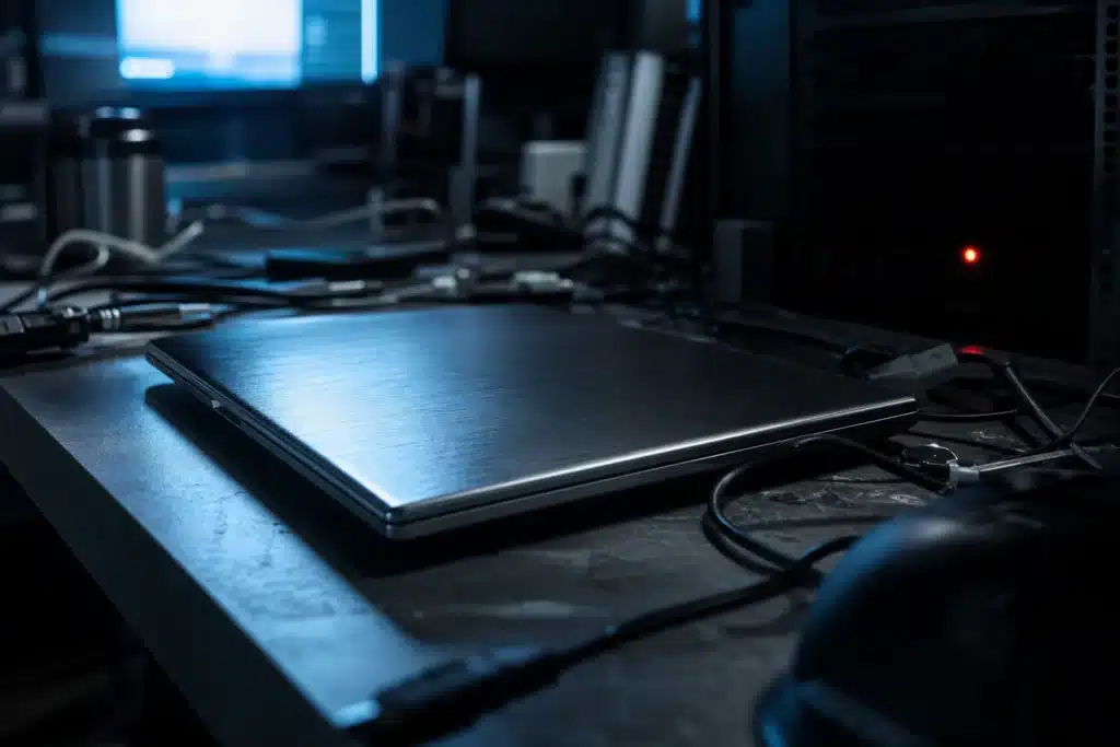 Laptop auf dem Schreibtisch eines Ingenieurs neben einem Serverschrank, Anspielung auf das kompromittierte Gerät