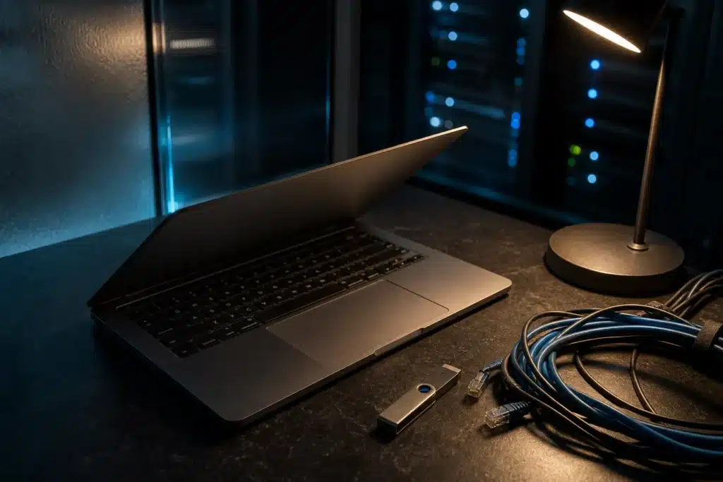 Nordkorea Binance Hack: TRM und Chainalysis nennen TraderTraitor 8 Laptop auf dunklem Schreibtisch neben einem Sicherheitsschlüssel als Sinnbild für ein kompromittiertes Gerät